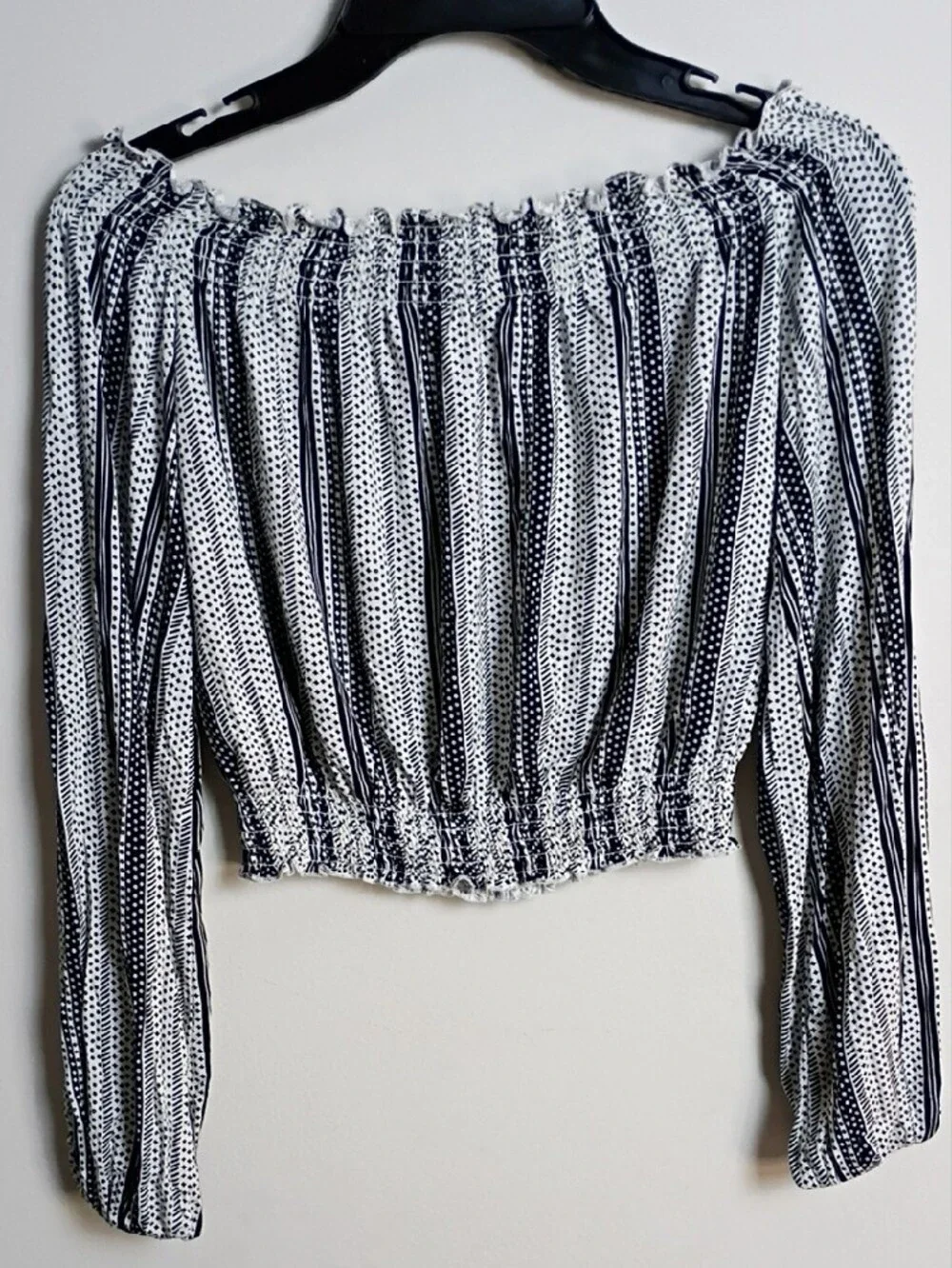 H&M Black and White Striped Off-Shoulder Smocked Crop Top